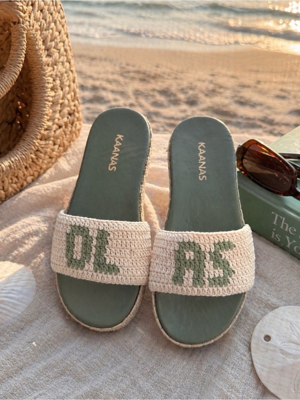 Kaanas “Olas” Crochet Slide Sandals | Green & Cream Coastal Boho Summer Shoes
